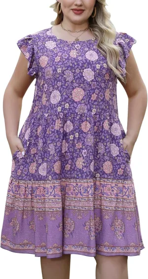 Keluummi Plus Size Dress for Curvy Women, Summer Casual Boho Floral Tiered Midi Graduation Sundress, Pocket, Flutter Sleeve