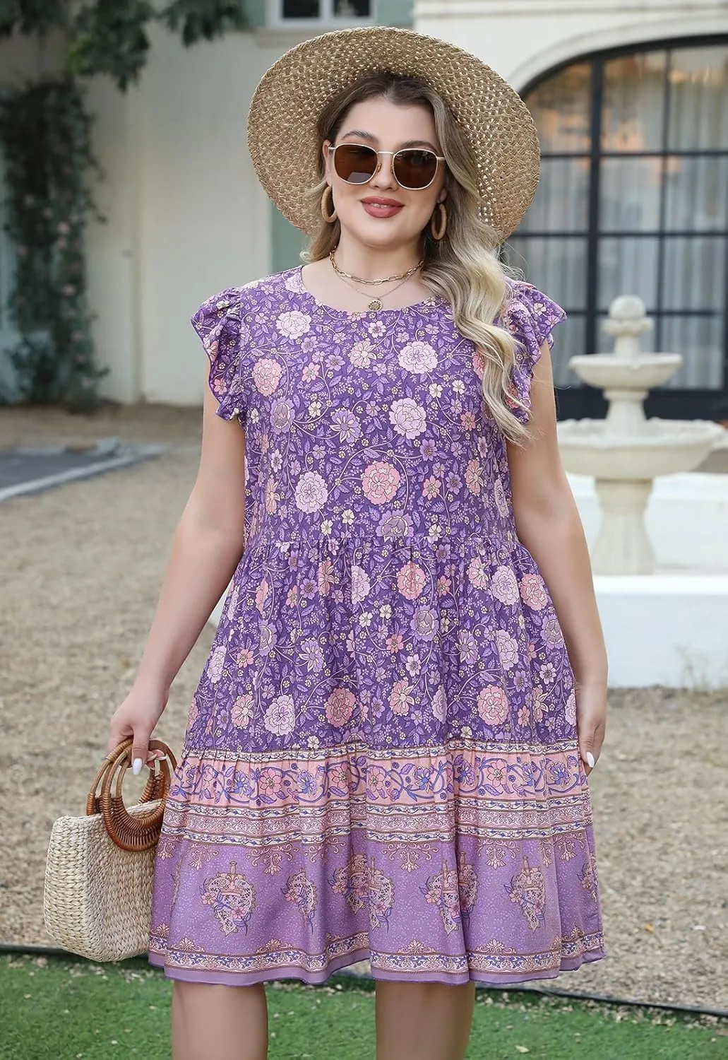 Keluummi Plus Size Dress for Curvy Women, Summer Casual Boho Floral Tiered Midi Graduation Sundress, Pocket, Flutter Sleeve
