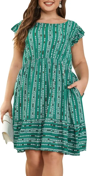 Keluummi Plus Size Dress for Curvy Women, Summer Casual Boho Floral Tiered Midi Graduation Sundress, Pocket, Flutter Sleeve