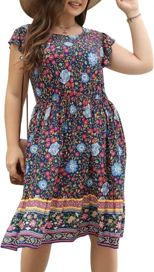 Keluummi Plus Size Dress for Curvy Women, Summer Casual Boho Floral Tiered Midi Graduation Sundress, Pocket, Flutter Sleeve