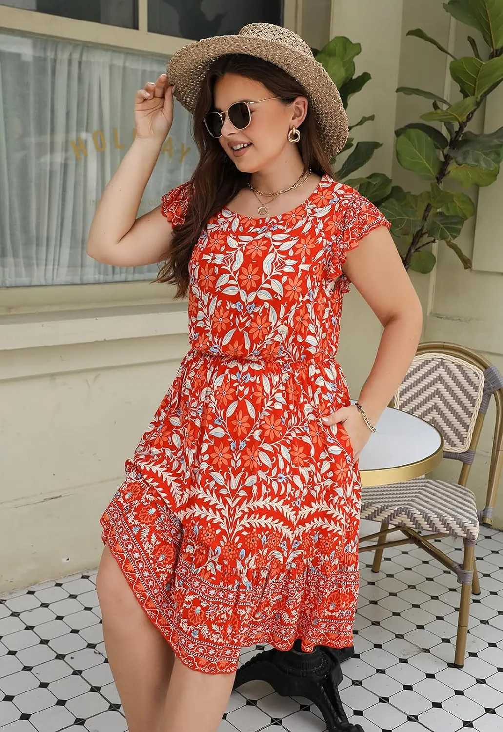 Keluummi Plus Size Dress for Curvy Women, Summer Casual Boho Floral Tiered Midi Graduation Sundress, Pocket, Flutter Sleeve