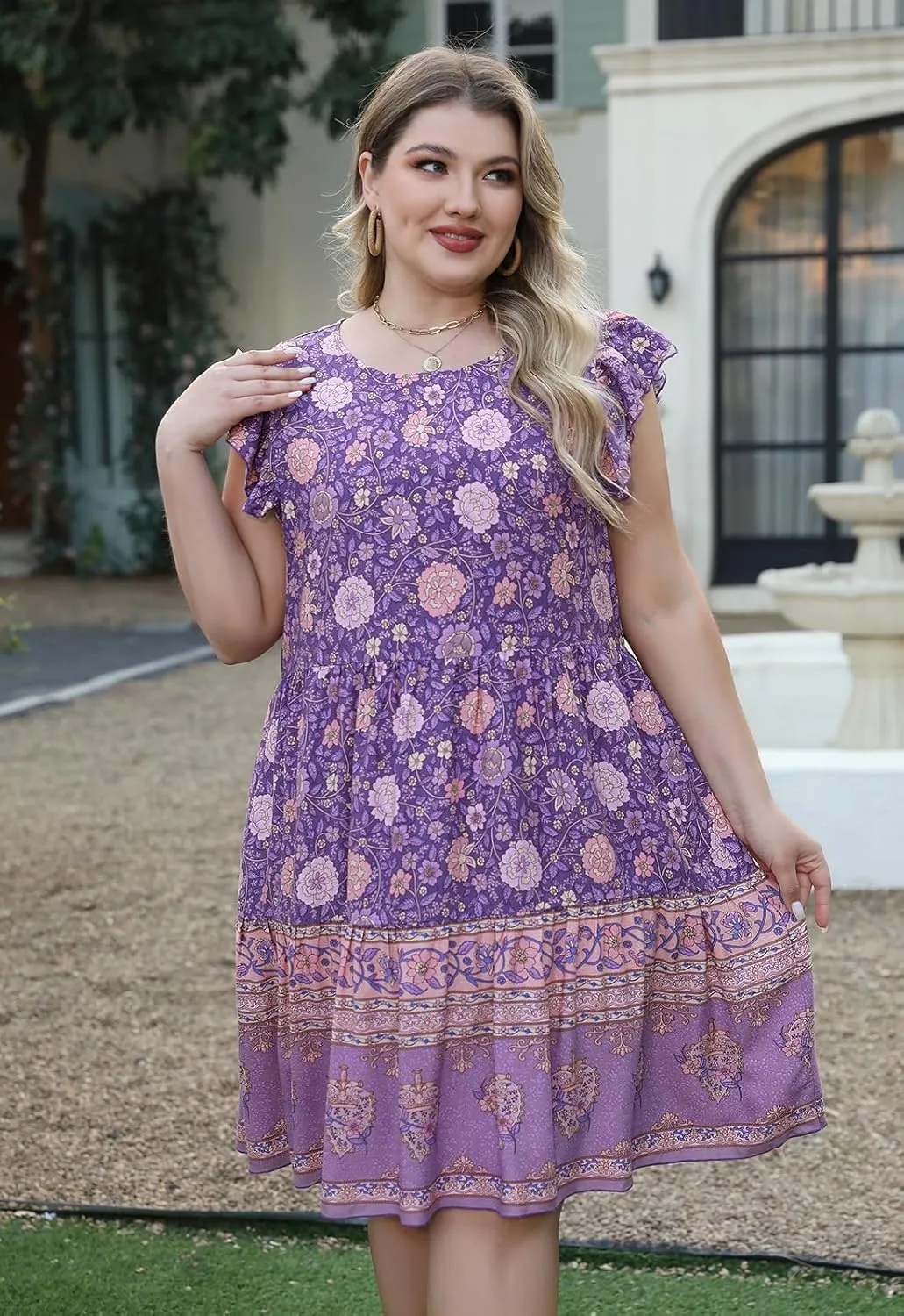 Keluummi Plus Size Dress for Curvy Women, Summer Casual Boho Floral Tiered Midi Graduation Sundress, Pocket, Flutter Sleeve