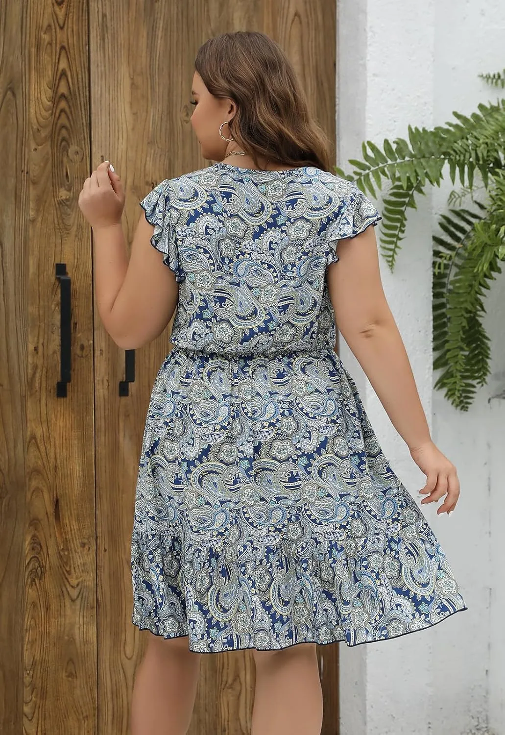 Keluummi Plus Size Dress for Curvy Women, Summer Casual Boho Floral Tiered Midi Graduation Sundress, Pocket, Flutter Sleeve