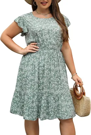Keluummi Plus Size Dress for Curvy Women, Summer Casual Boho Floral Tiered Midi Graduation Sundress, Pocket, Flutter Sleeve