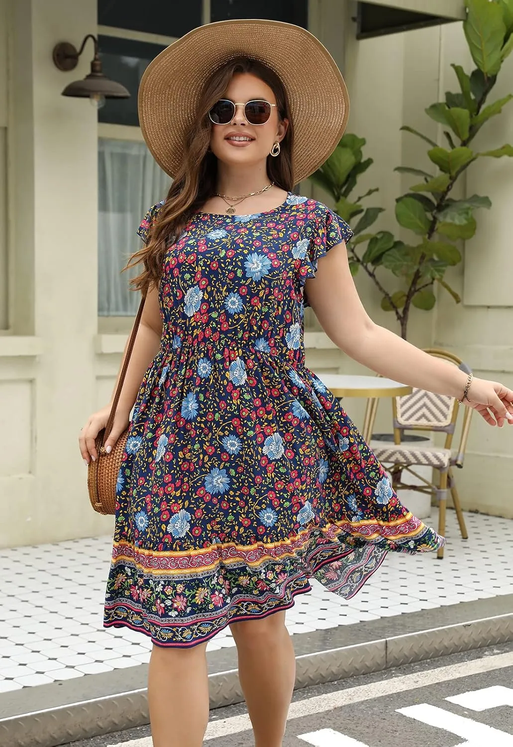 Keluummi Plus Size Dress for Curvy Women, Summer Casual Boho Floral Tiered Midi Graduation Sundress, Pocket, Flutter Sleeve