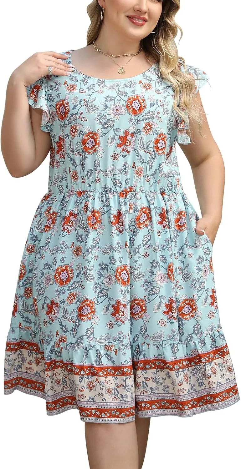 Keluummi Plus Size Dress for Curvy Women, Summer Casual Boho Floral Tiered Midi Graduation Sundress, Pocket, Flutter Sleeve