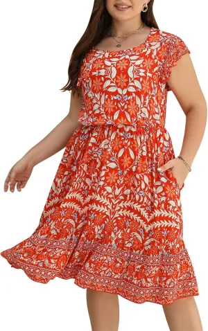 Keluummi Plus Size Dress for Curvy Women, Summer Casual Boho Floral Tiered Midi Graduation Sundress, Pocket, Flutter Sleeve