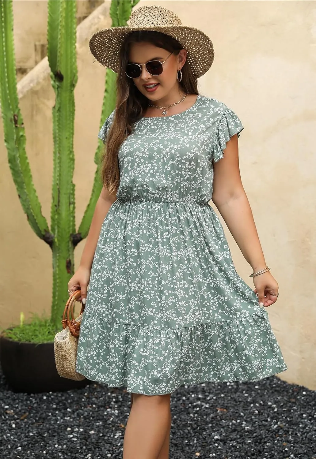Keluummi Plus Size Dress for Curvy Women, Summer Casual Boho Floral Tiered Midi Graduation Sundress, Pocket, Flutter Sleeve