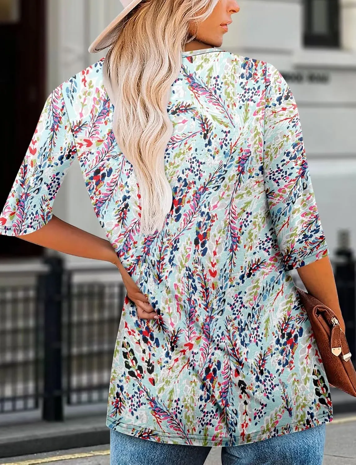 KISSMODA 3/4 Length Sleeve Shirts for Women Floral Business Shirts Tops Blouses Tops Loose Fit T-Shirts