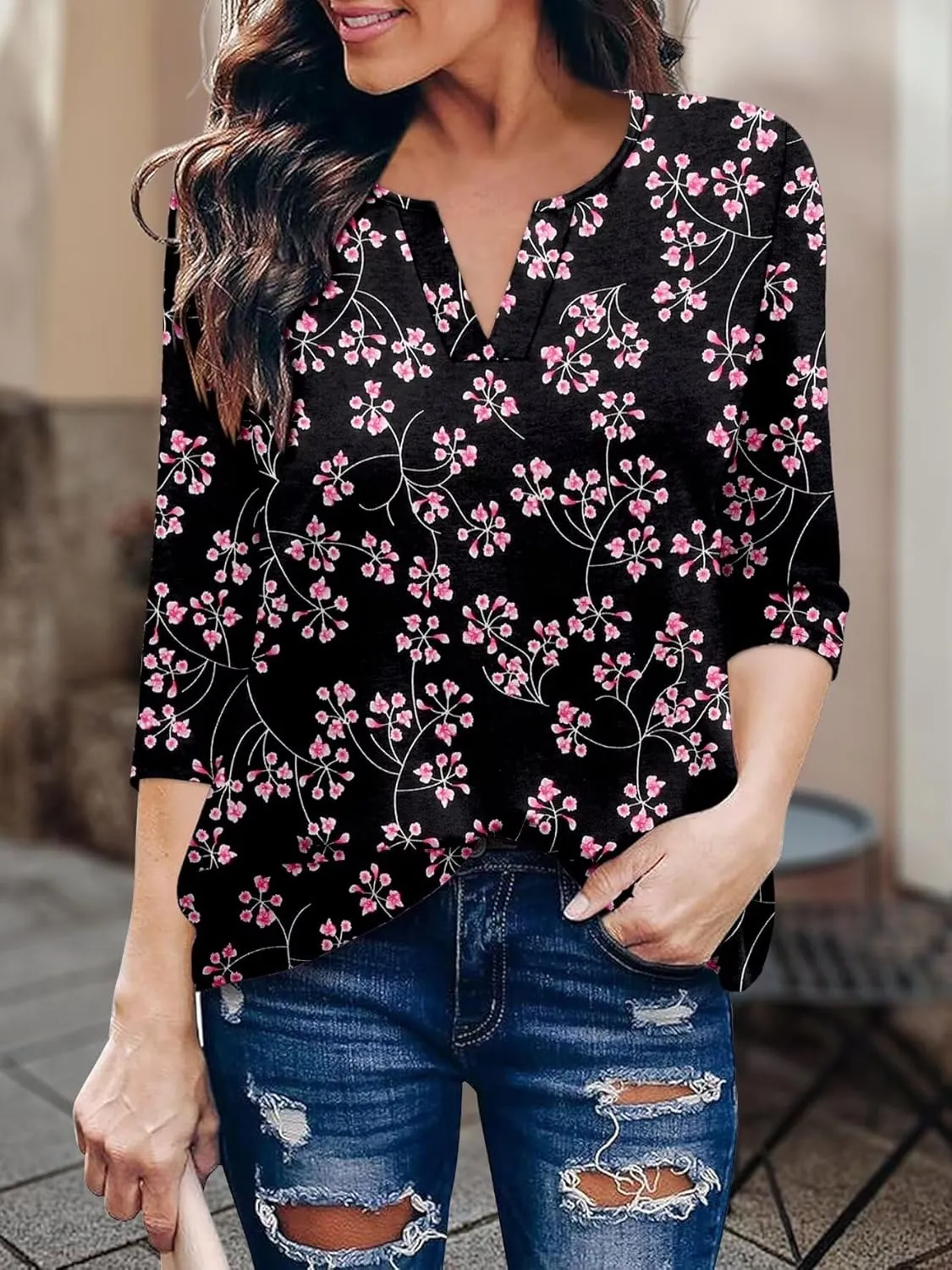 KISSMODA 3/4 Length Sleeve Shirts for Women Floral Business Shirts Tops Blouses Tops Loose Fit T-Shirts
