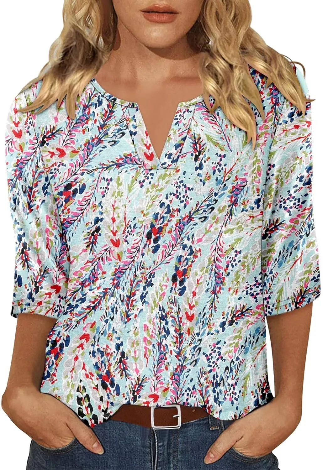 KISSMODA 3/4 Length Sleeve Shirts for Women Floral Business Shirts Tops Blouses Tops Loose Fit T-Shirts