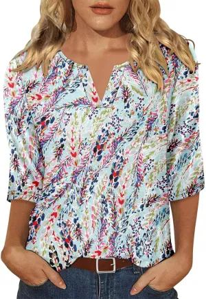 KISSMODA 3/4 Length Sleeve Shirts for Women Floral Business Shirts Tops Blouses Tops Loose Fit T-Shirts