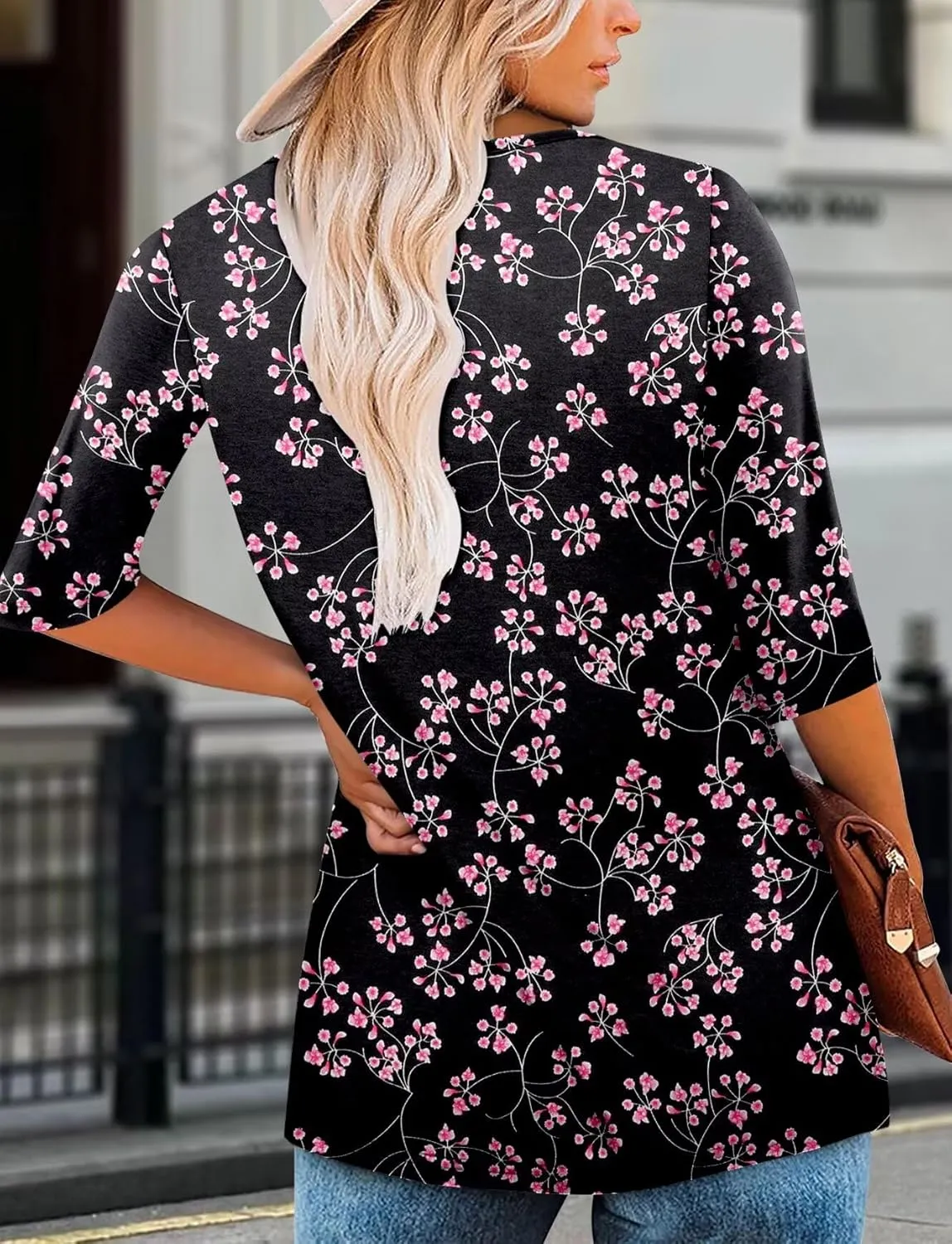 KISSMODA 3/4 Length Sleeve Shirts for Women Floral Business Shirts Tops Blouses Tops Loose Fit T-Shirts