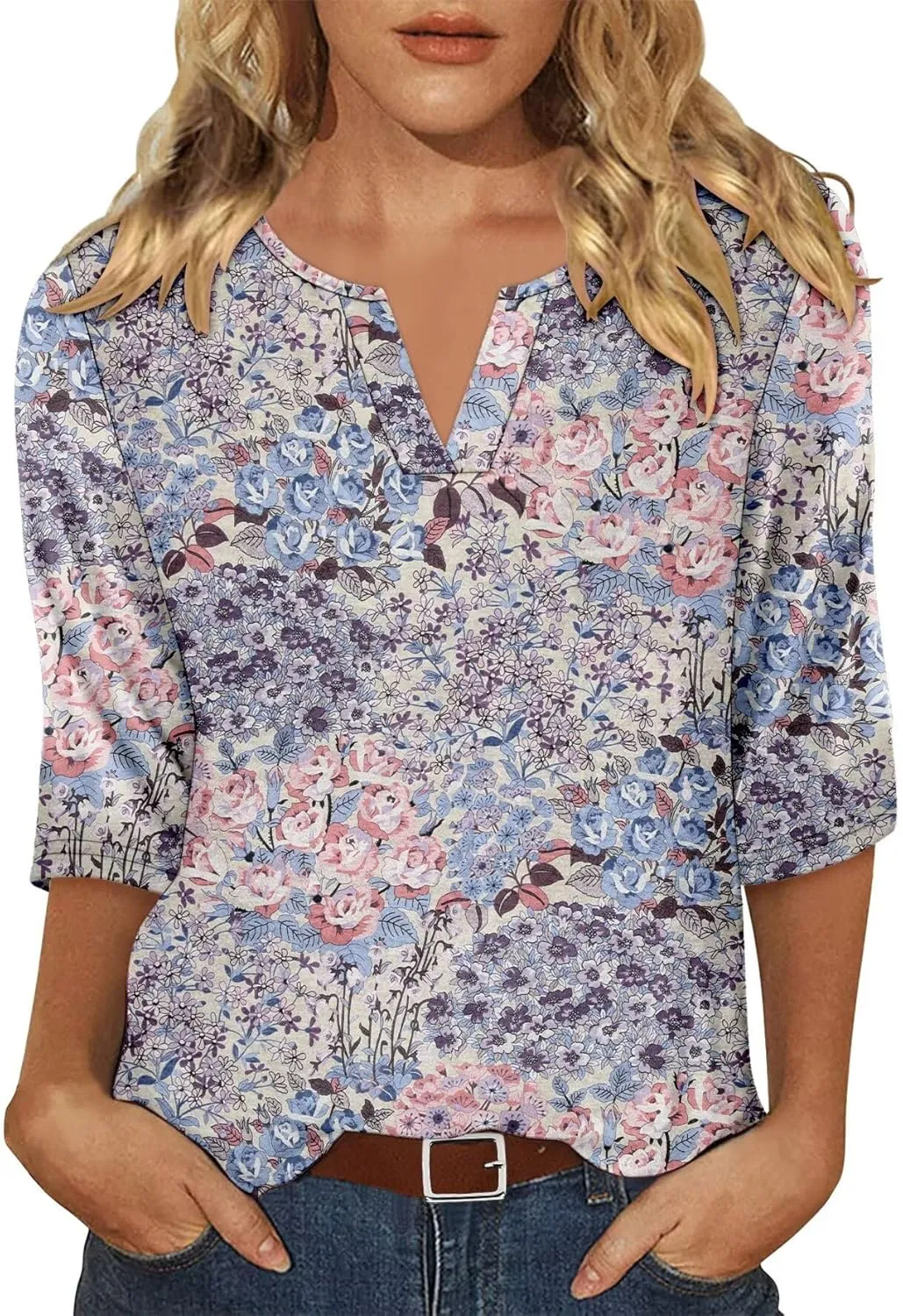 KISSMODA 3/4 Length Sleeve Shirts for Women Floral Business Shirts Tops Blouses Tops Loose Fit T-Shirts