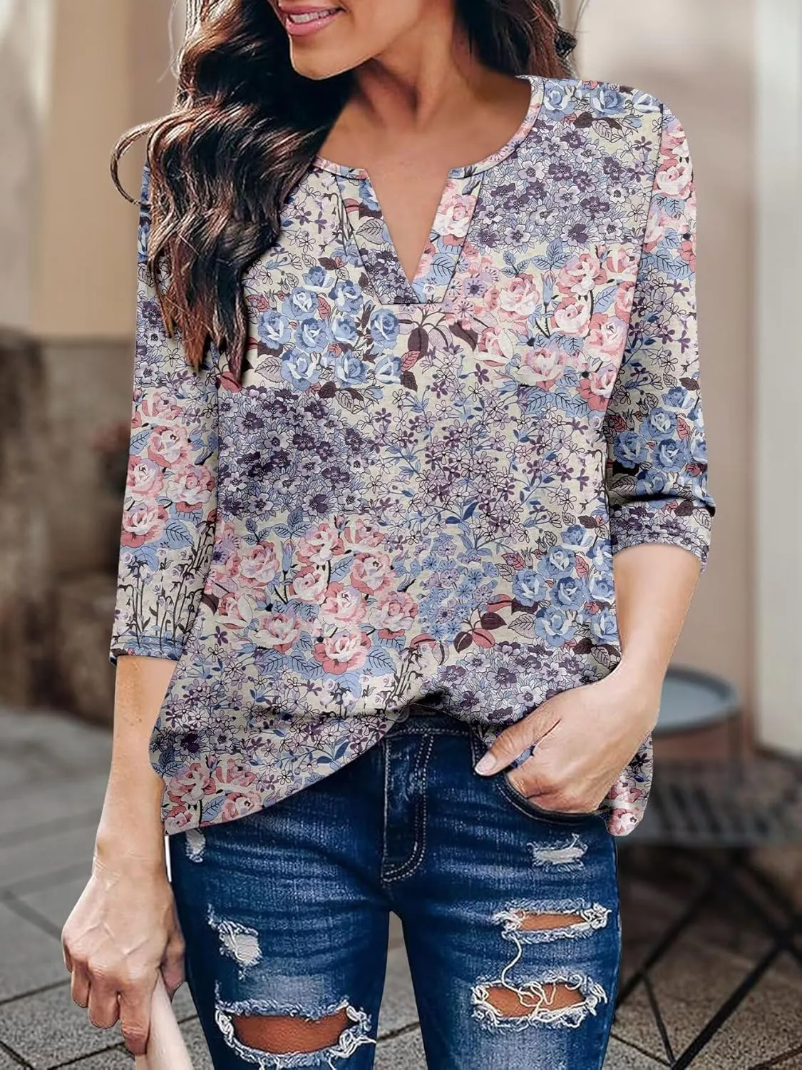 KISSMODA 3/4 Length Sleeve Shirts for Women Floral Business Shirts Tops Blouses Tops Loose Fit T-Shirts