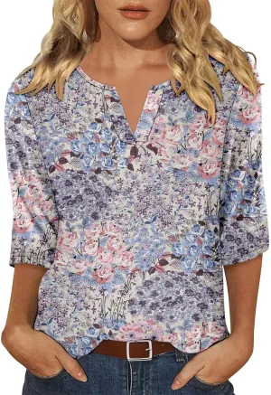 KISSMODA 3/4 Length Sleeve Shirts for Women Floral Business Shirts Tops Blouses Tops Loose Fit T-Shirts