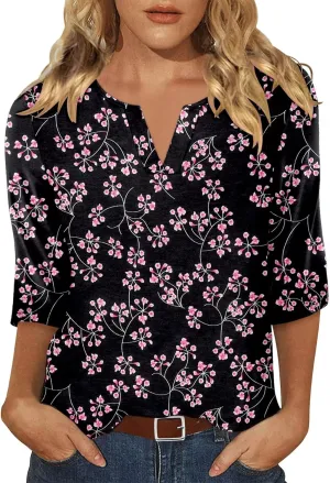 KISSMODA 3/4 Length Sleeve Shirts for Women Floral Business Shirts Tops Blouses Tops Loose Fit T-Shirts