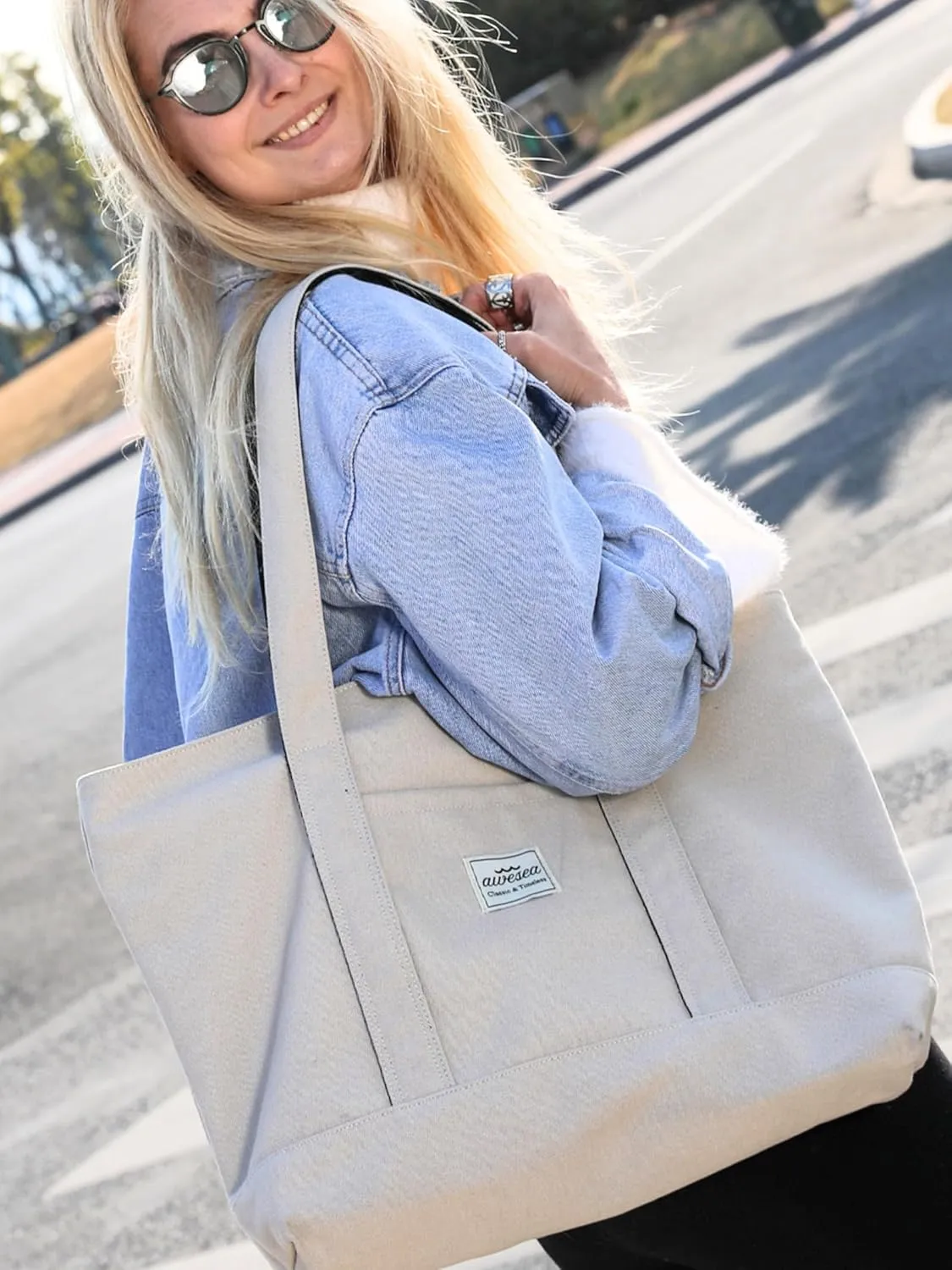 Large Canvas Tote Bag with Zipper for Women - Durable Women's Tote Purse with Front Pocket