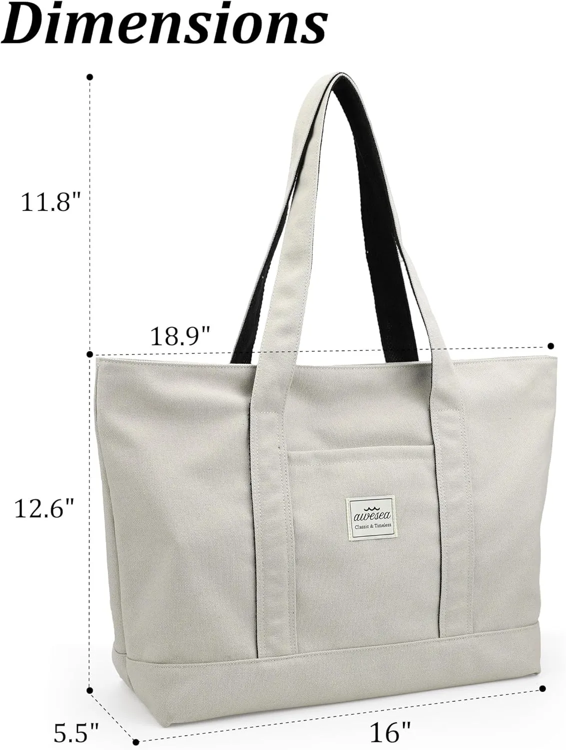 Large Canvas Tote Bag with Zipper for Women - Durable Women's Tote Purse with Front Pocket