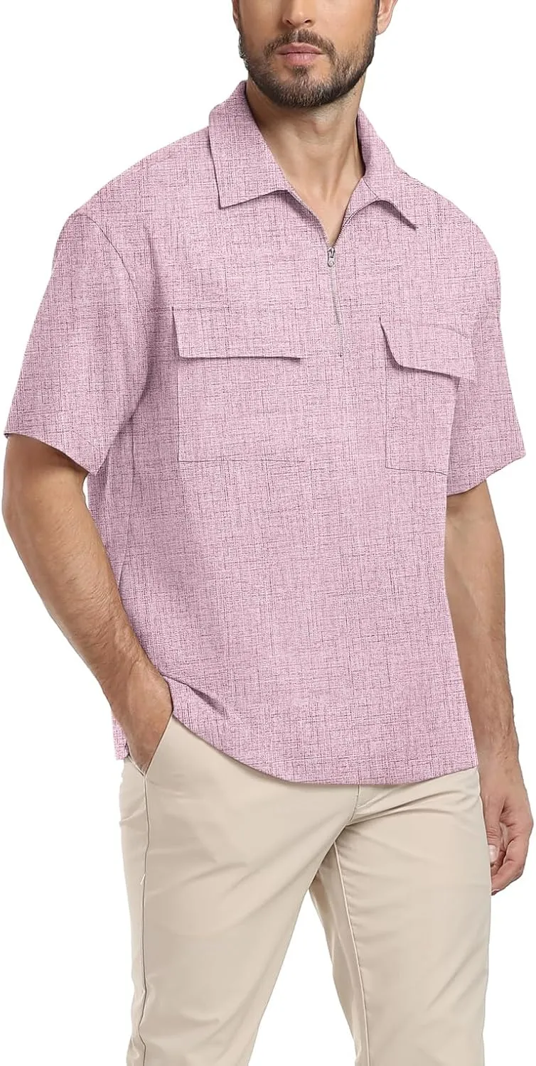 Lepunuo Mens Zipper Polo Shirts Linen Casual Short Sleeve Shirts Loose Fit T Shirts with Cargo Pockets
