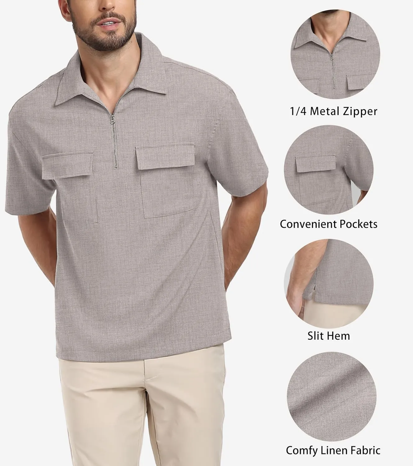 Lepunuo Mens Zipper Polo Shirts Linen Casual Short Sleeve Shirts Loose Fit T Shirts with Cargo Pockets