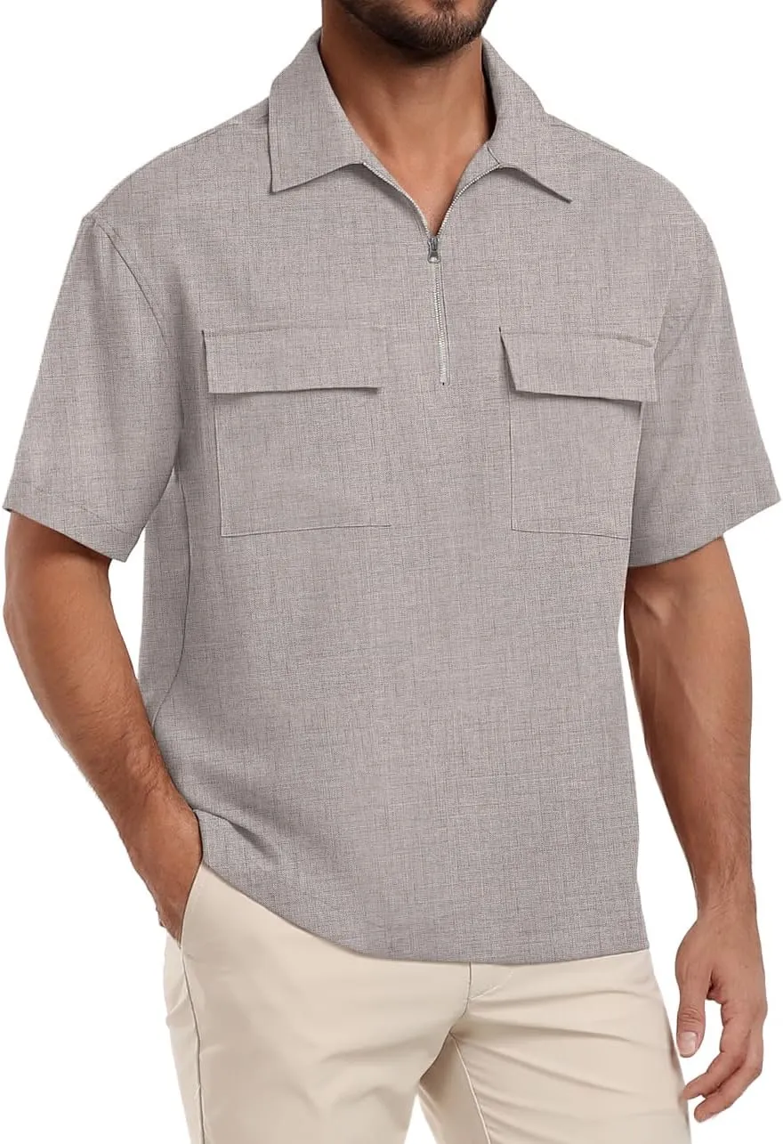 Lepunuo Mens Zipper Polo Shirts Linen Casual Short Sleeve Shirts Loose Fit T Shirts with Cargo Pockets