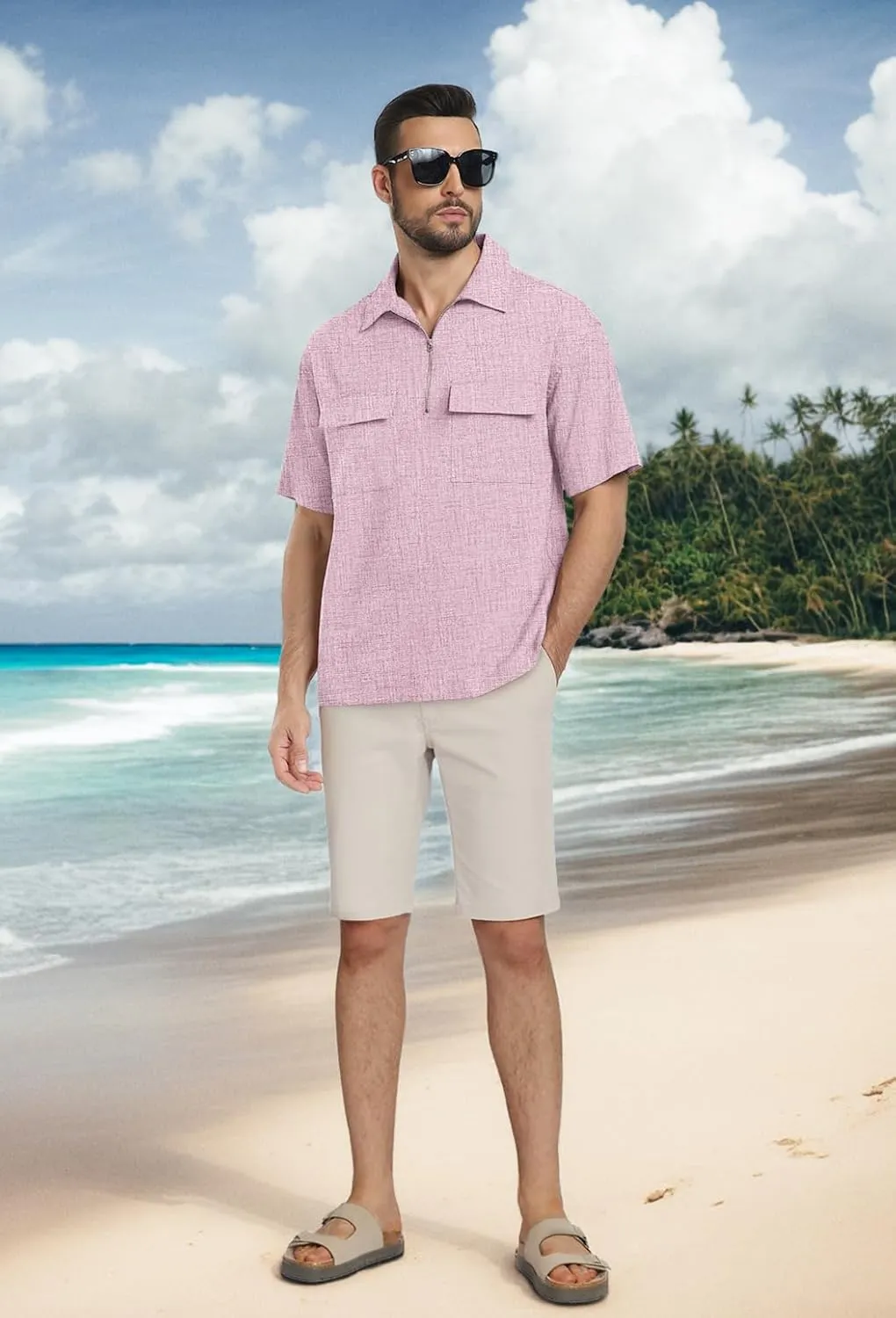 Lepunuo Mens Zipper Polo Shirts Linen Casual Short Sleeve Shirts Loose Fit T Shirts with Cargo Pockets