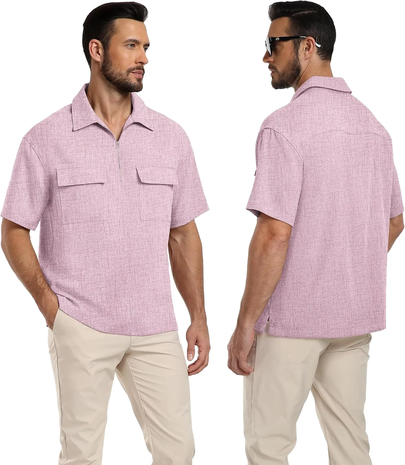 Lepunuo Mens Zipper Polo Shirts Linen Casual Short Sleeve Shirts Loose Fit T Shirts with Cargo Pockets