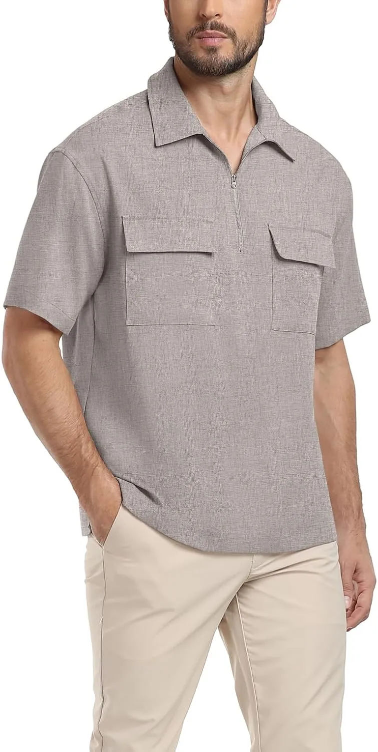 Lepunuo Mens Zipper Polo Shirts Linen Casual Short Sleeve Shirts Loose Fit T Shirts with Cargo Pockets