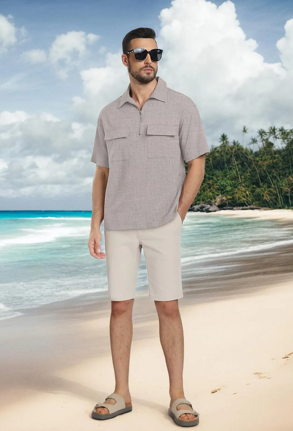 Lepunuo Mens Zipper Polo Shirts Linen Casual Short Sleeve Shirts Loose Fit T Shirts with Cargo Pockets