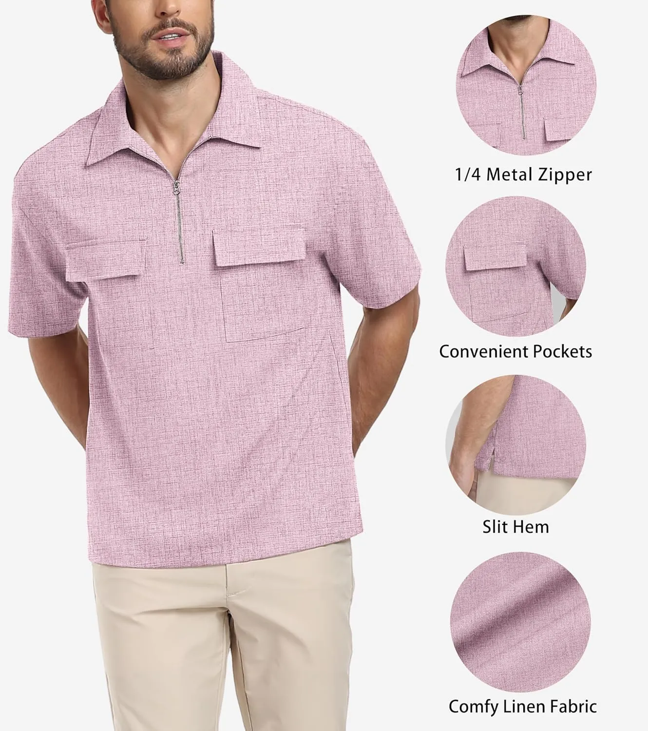 Lepunuo Mens Zipper Polo Shirts Linen Casual Short Sleeve Shirts Loose Fit T Shirts with Cargo Pockets