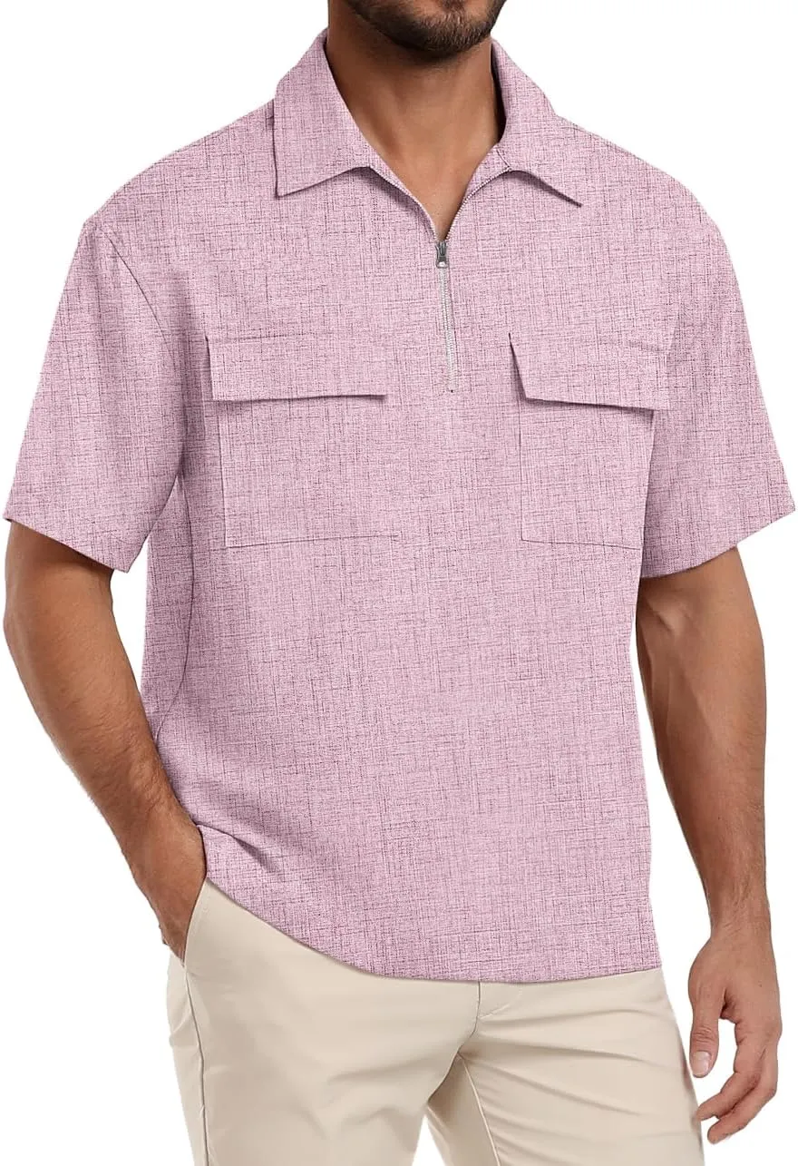 Lepunuo Mens Zipper Polo Shirts Linen Casual Short Sleeve Shirts Loose Fit T Shirts with Cargo Pockets