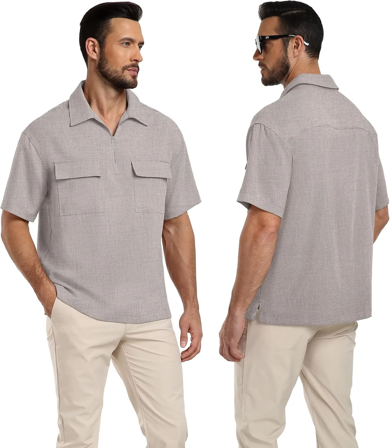 Lepunuo Mens Zipper Polo Shirts Linen Casual Short Sleeve Shirts Loose Fit T Shirts with Cargo Pockets