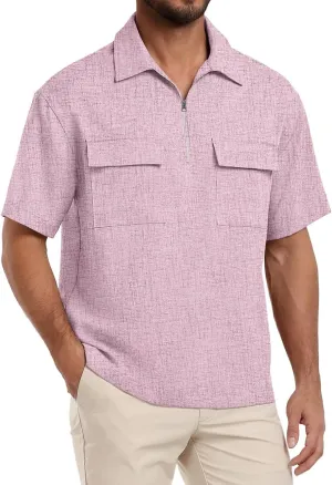 Lepunuo Mens Zipper Polo Shirts Linen Casual Short Sleeve Shirts Loose Fit T Shirts with Cargo Pockets