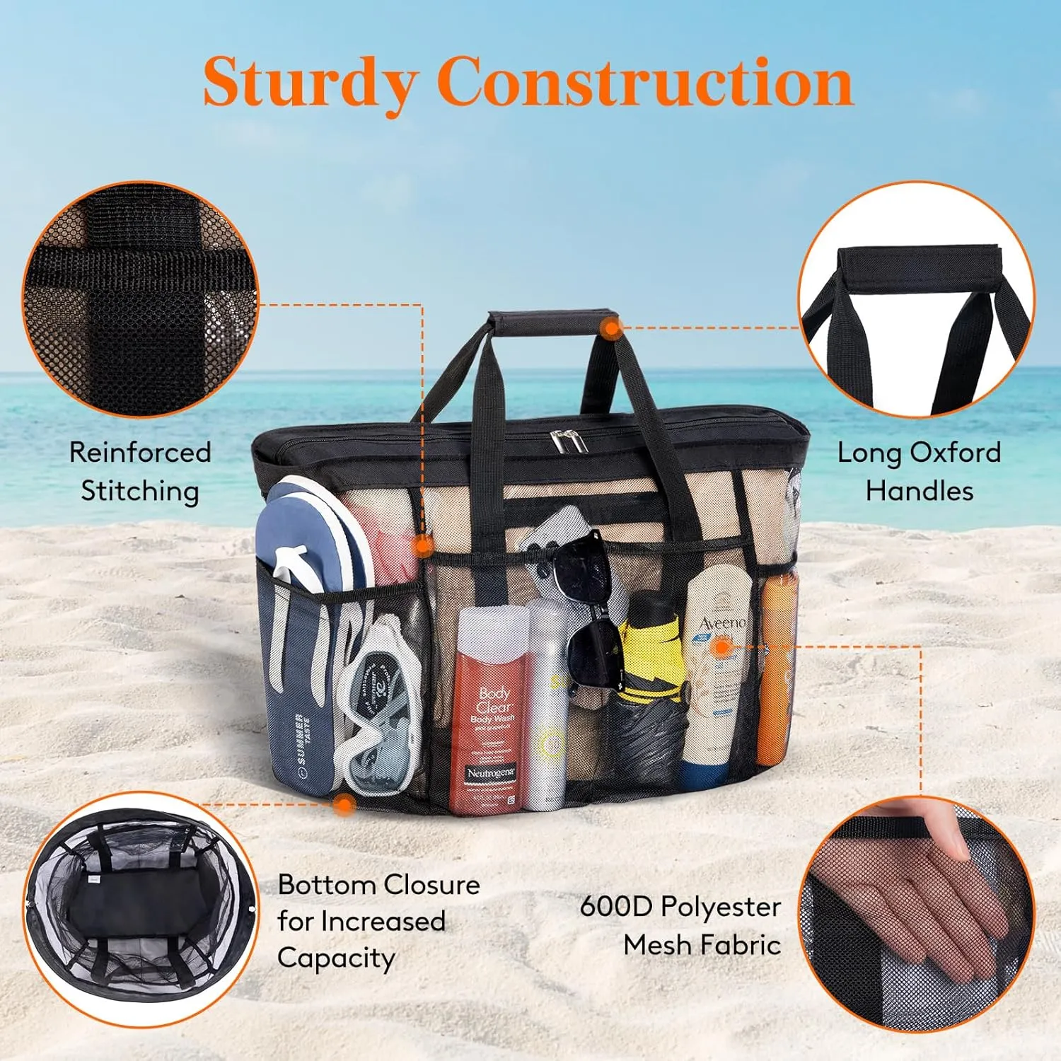 Lifewit Mesh Tote Bags for Women, Large Mesh Tote Bags with Zipper and Pockets, Lightweight Shower Caddy, Beach Essentials for Family, Pool Bag Basket for Women Vacation, Swimmers Black