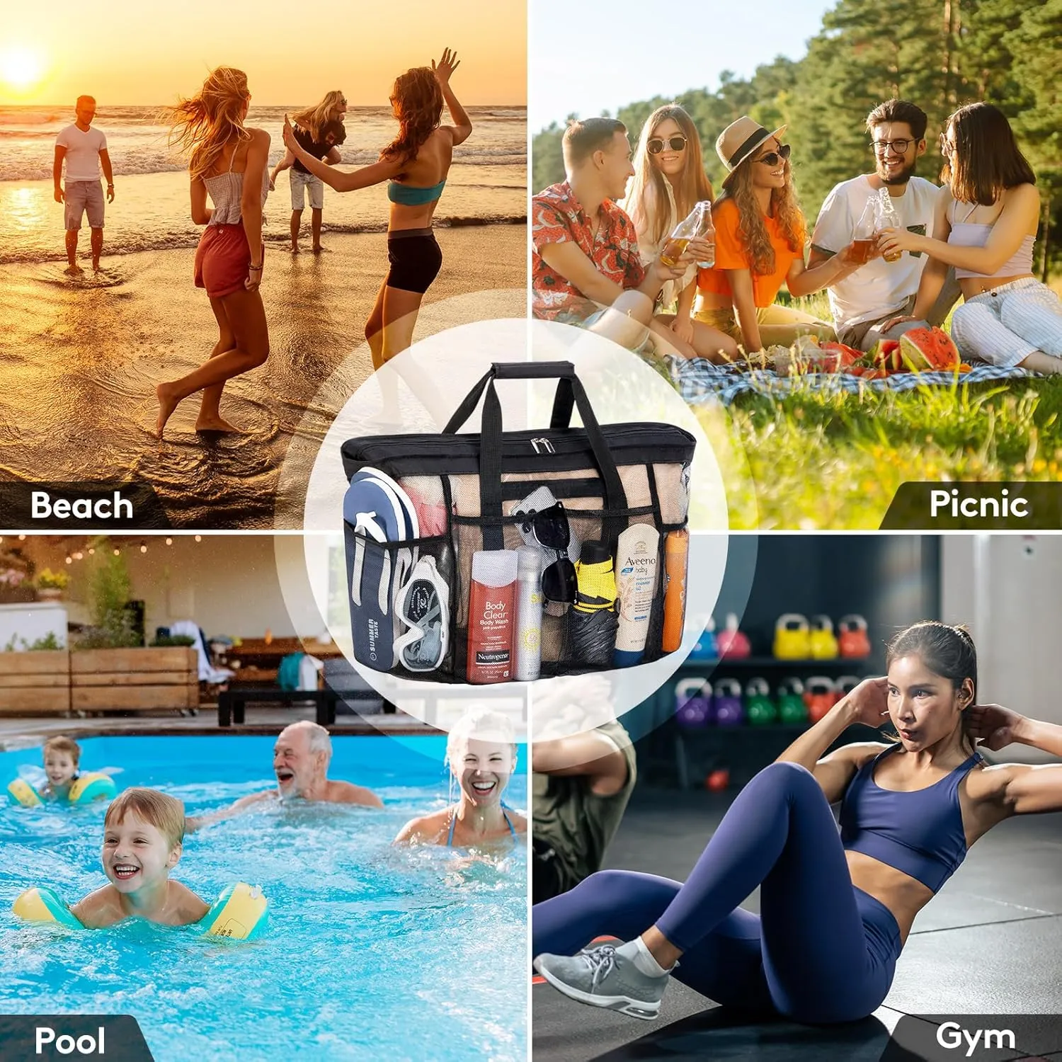Lifewit Mesh Tote Bags for Women, Large Mesh Tote Bags with Zipper and Pockets, Lightweight Shower Caddy, Beach Essentials for Family, Pool Bag Basket for Women Vacation, Swimmers Black