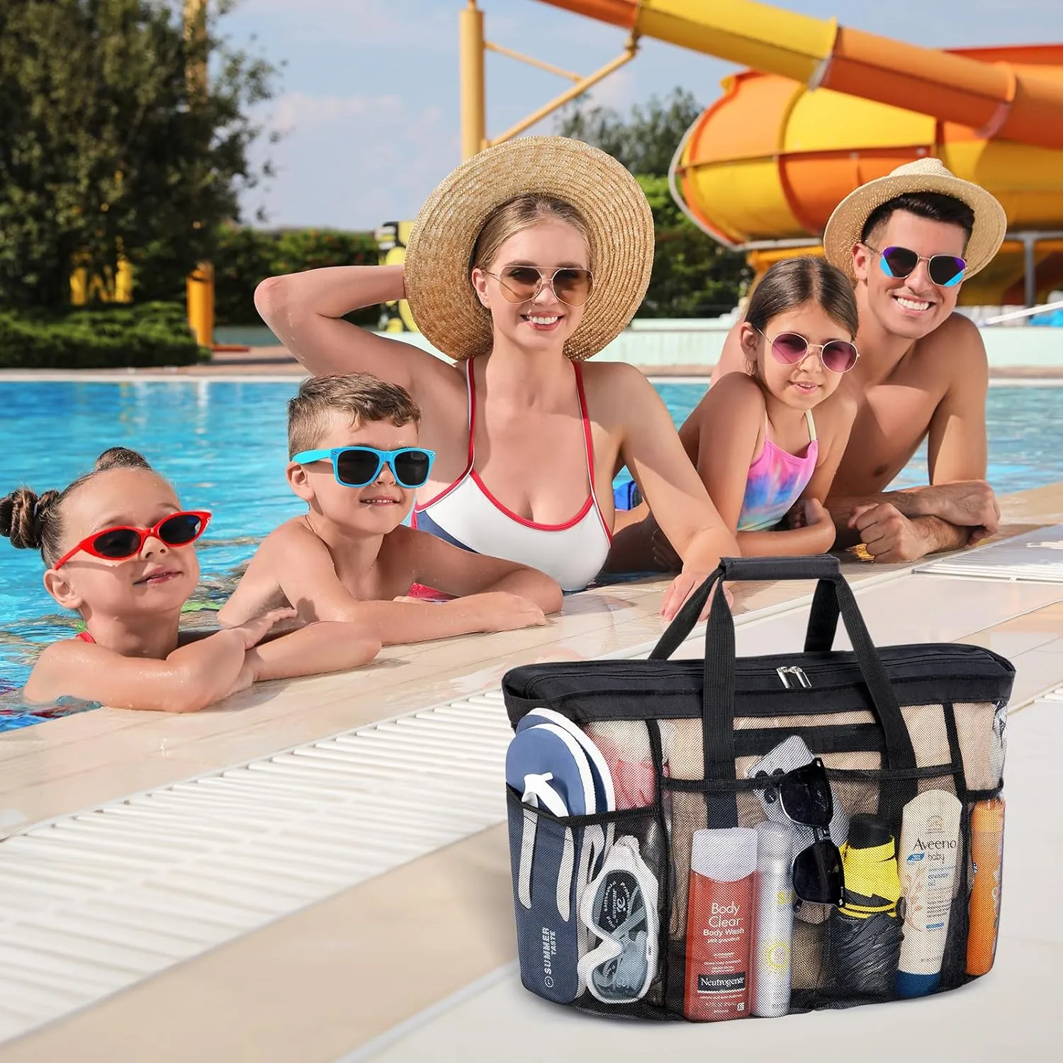 Lifewit Mesh Tote Bags for Women, Large Mesh Tote Bags with Zipper and Pockets, Lightweight Shower Caddy, Beach Essentials for Family, Pool Bag Basket for Women Vacation, Swimmers Black