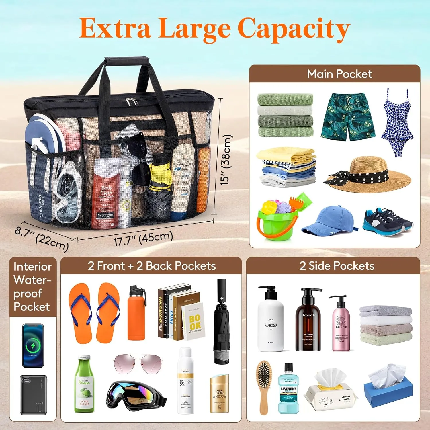 Lifewit Mesh Tote Bags for Women, Large Mesh Tote Bags with Zipper and Pockets, Lightweight Shower Caddy, Beach Essentials for Family, Pool Bag Basket for Women Vacation, Swimmers Black