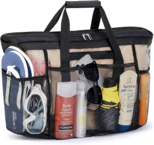 Lifewit Mesh Tote Bags for Women, Large Mesh Tote Bags with Zipper and Pockets, Lightweight Shower Caddy, Beach Essentials for Family, Pool Bag Basket for Women Vacation, Swimmers Black