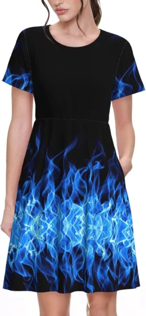LimPac Blue Flame Print Women's Summer Short Sleeve Casual Dress T-Shirt, Beach Swing Sundress with Pockets