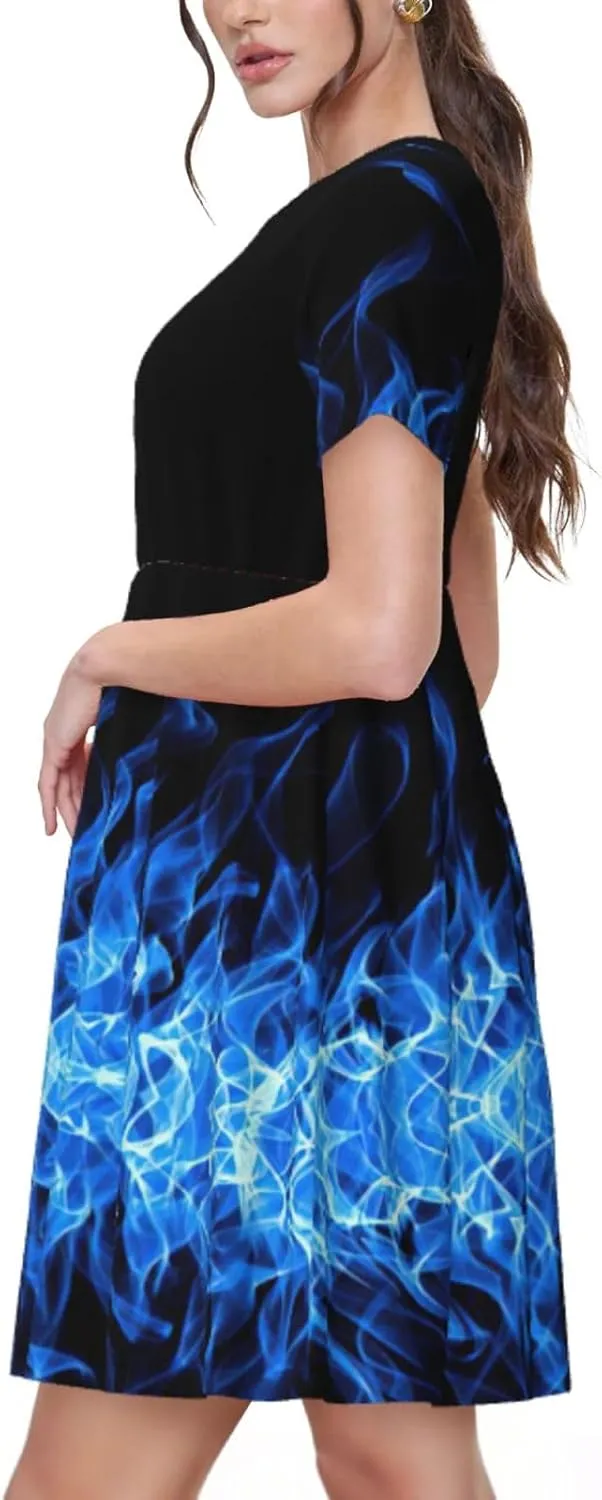 LimPac Blue Flame Print Women's Summer Short Sleeve Casual Dress T-Shirt, Beach Swing Sundress with Pockets