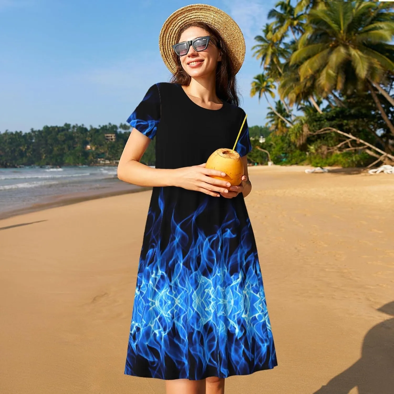 LimPac Blue Flame Print Women's Summer Short Sleeve Casual Dress T-Shirt, Beach Swing Sundress with Pockets