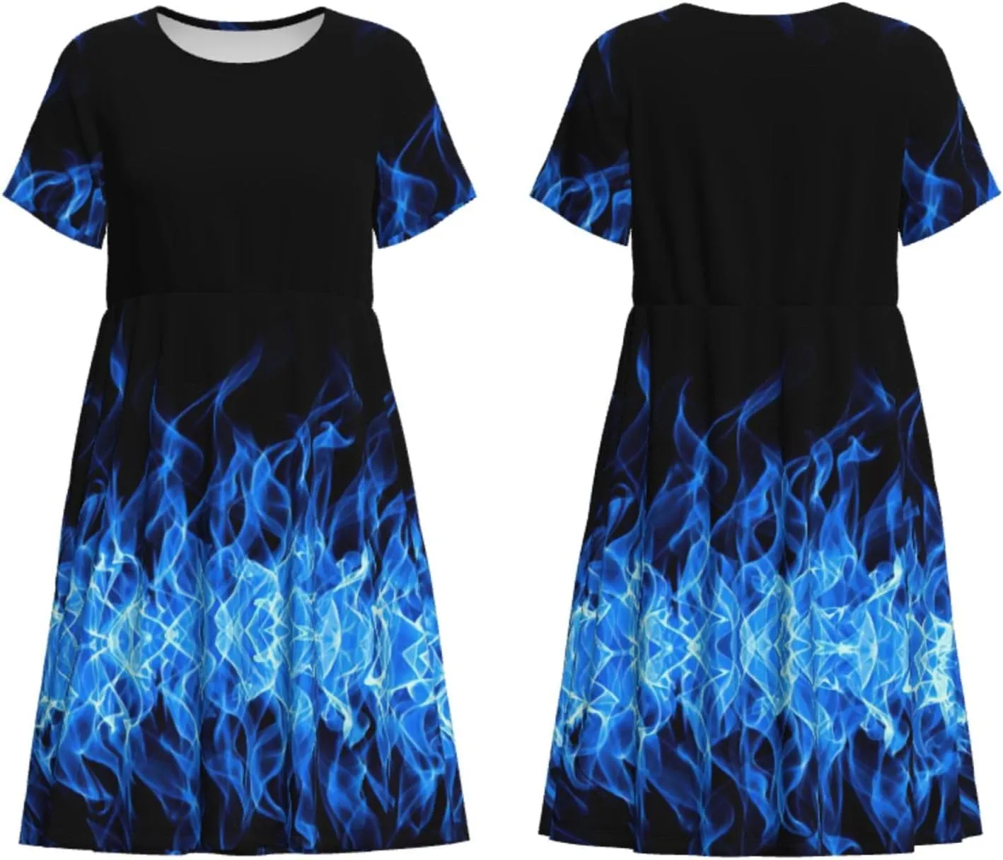 LimPac Blue Flame Print Women's Summer Short Sleeve Casual Dress T-Shirt, Beach Swing Sundress with Pockets