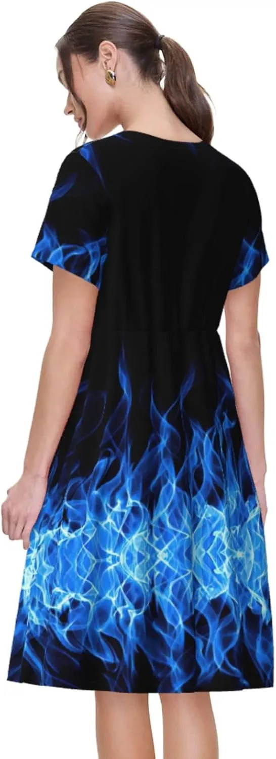 LimPac Blue Flame Print Women's Summer Short Sleeve Casual Dress T-Shirt, Beach Swing Sundress with Pockets
