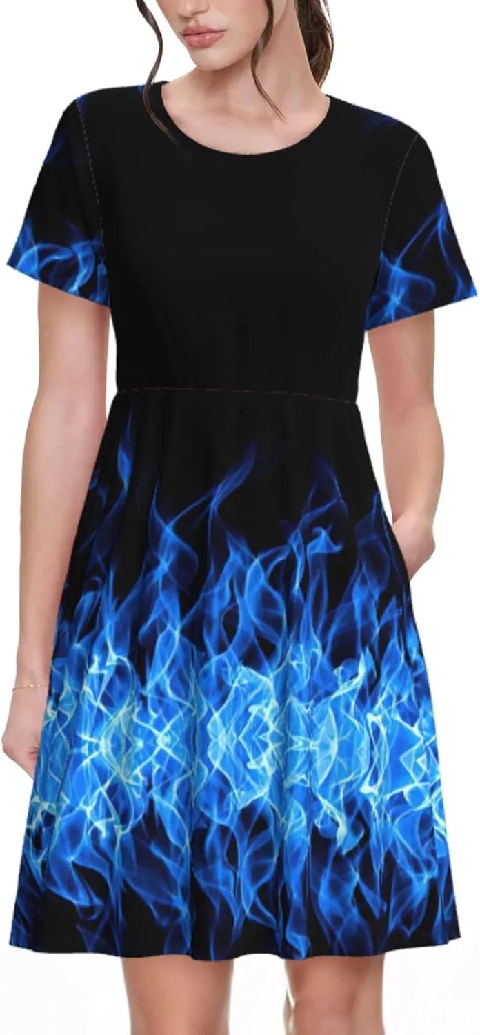 LimPac Blue Flame Print Women's Summer Short Sleeve Casual Dress T-Shirt, Beach Swing Sundress with Pockets