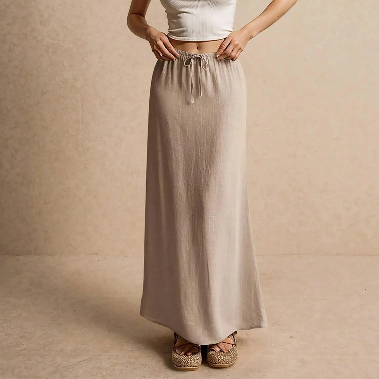 Linen Maxi Skirts for Women Trendy Summer Drawstring Low Waisted A-Line Skirts Casual Flowy Boho Beach Vacation Outfits