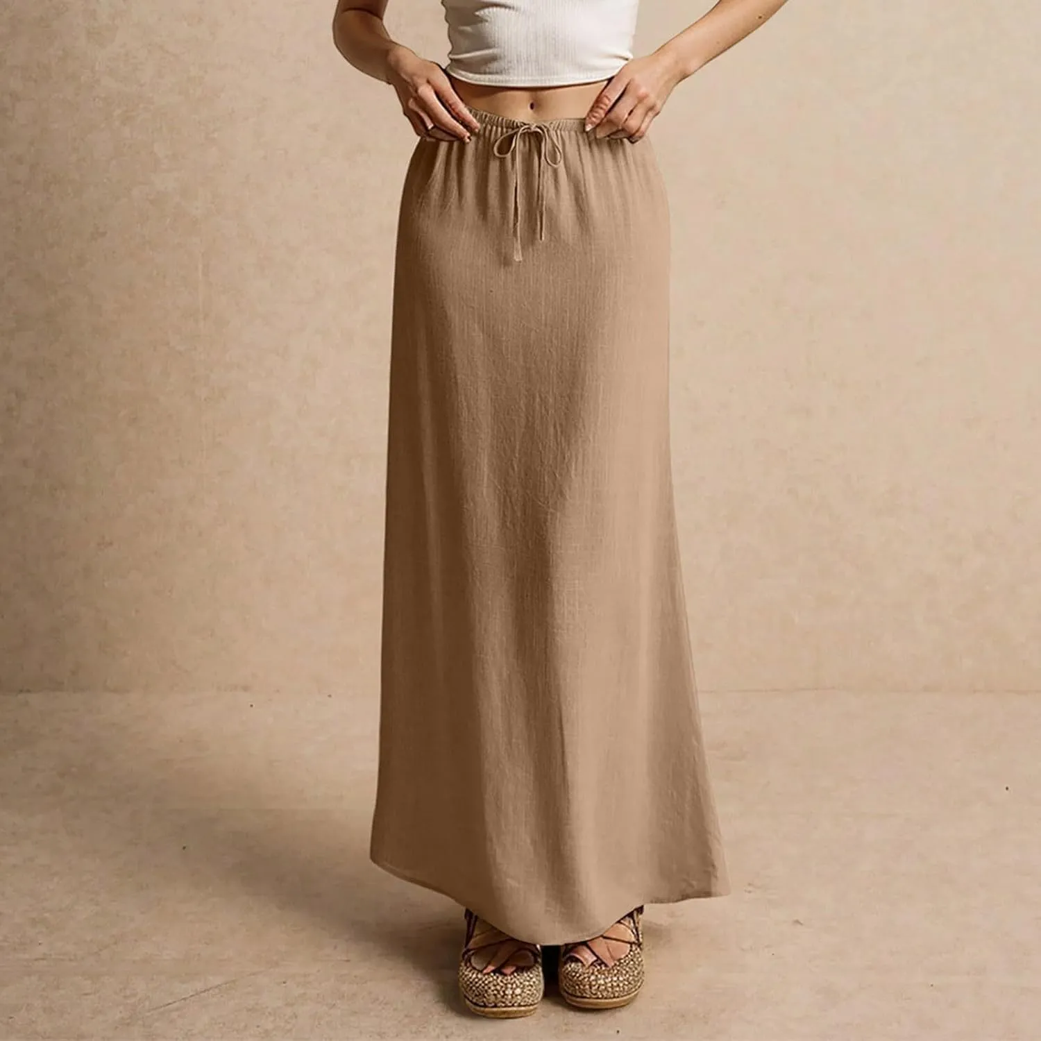 Linen Maxi Skirts for Women Trendy Summer Drawstring Low Waisted A-Line Skirts Casual Flowy Boho Beach Vacation Outfits