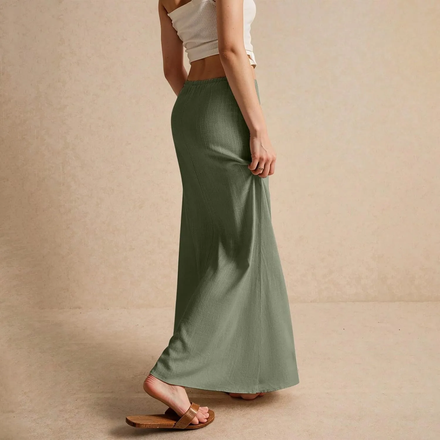 Linen Maxi Skirts for Women Trendy Summer Drawstring Low Waisted A-Line Skirts Casual Flowy Boho Beach Vacation Outfits