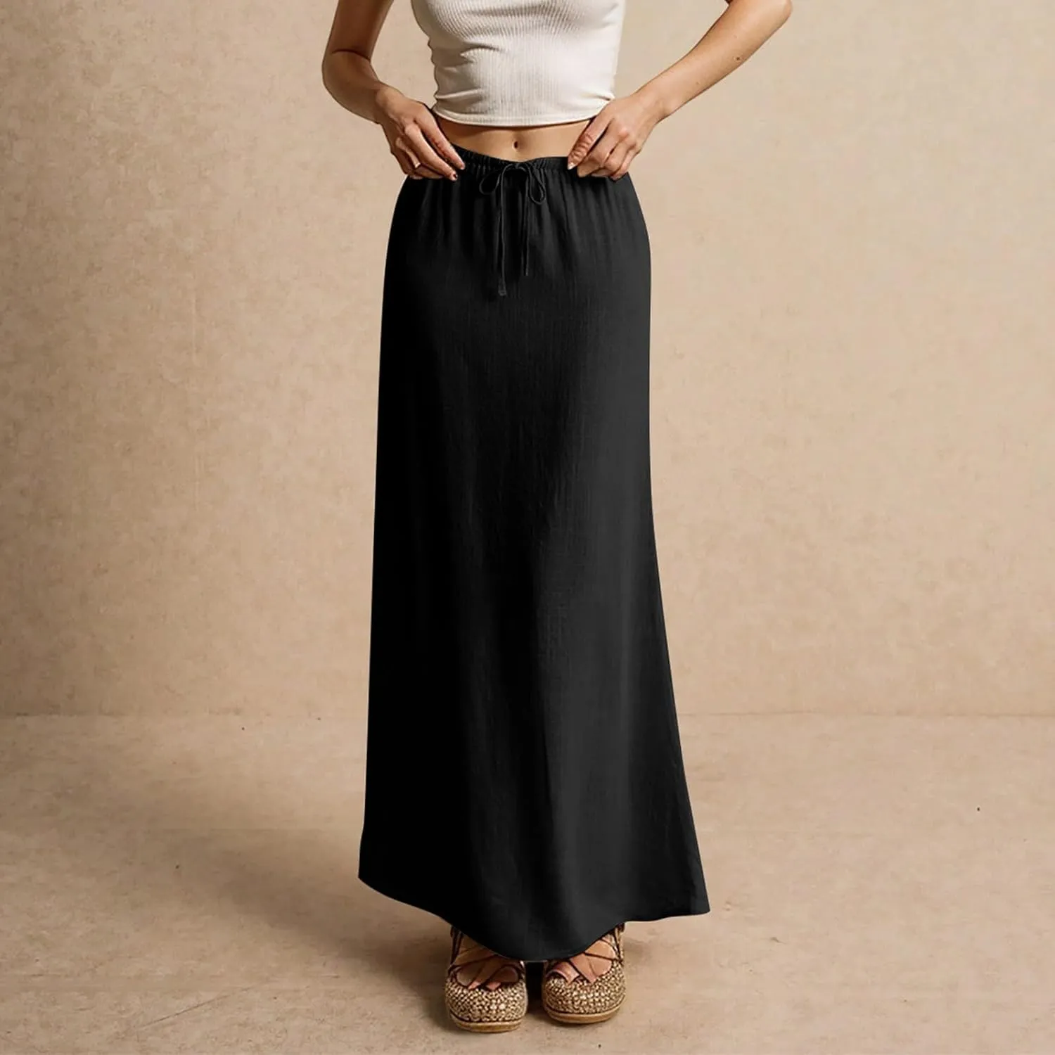 Linen Maxi Skirts for Women Trendy Summer Drawstring Low Waisted A-Line Skirts Casual Flowy Boho Beach Vacation Outfits