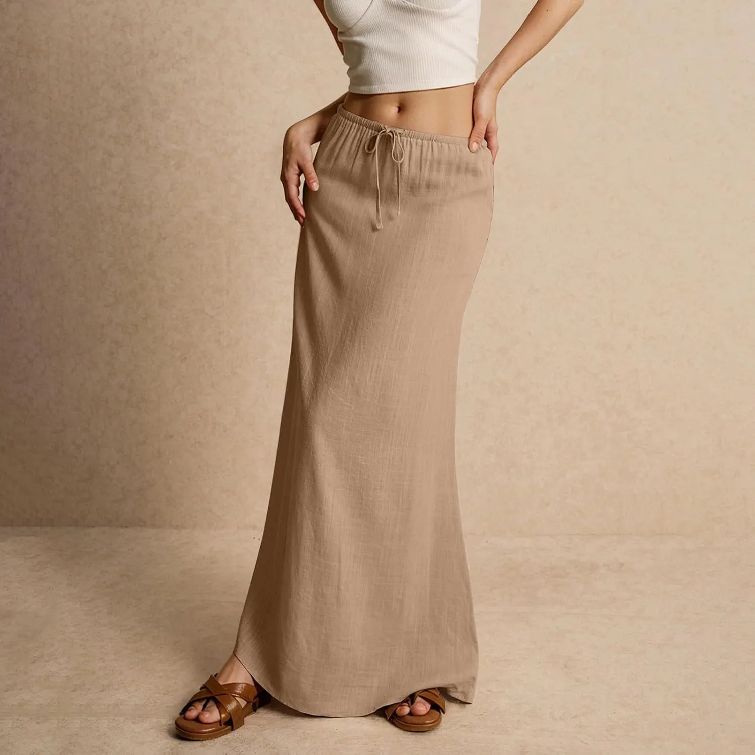 Linen Maxi Skirts for Women Trendy Summer Drawstring Low Waisted A-Line Skirts Casual Flowy Boho Beach Vacation Outfits